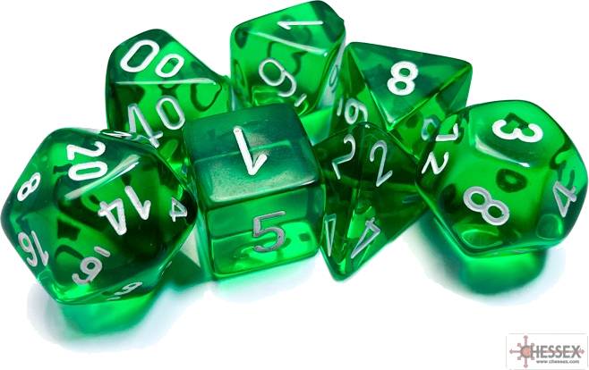 Sada 7 kostek Chessex - Translucent Green / white - 23075