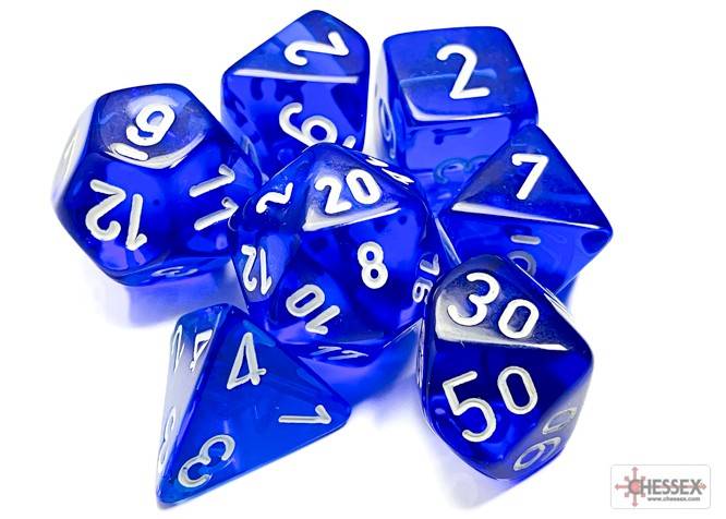 Sada 7 kostek Chessex - Translucent Blue / white - 23076