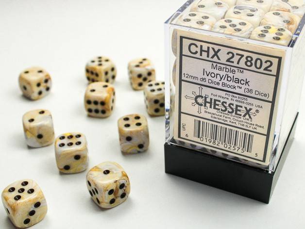 Sada 36 D6 12mm kostek Chessex - Marble Ivory/black - 27802