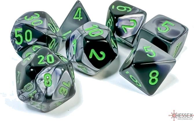 Sada 7 kostek Chessex - Gemini Black - Grey / green - 26445