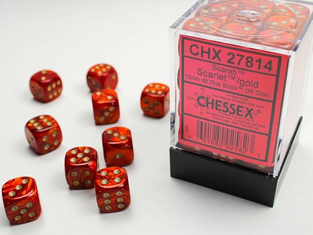 Sada 36 D6 12mm kostek Chessex - Scarab Scarlet/gold - 27814