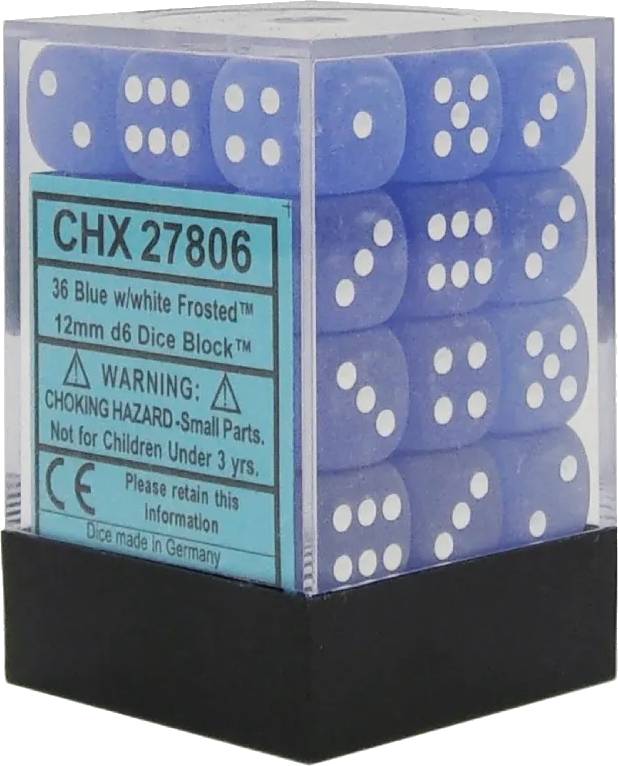 Chessex sada 6-stěnných kostek 12mm – Frosted Blue/white (36 ks)