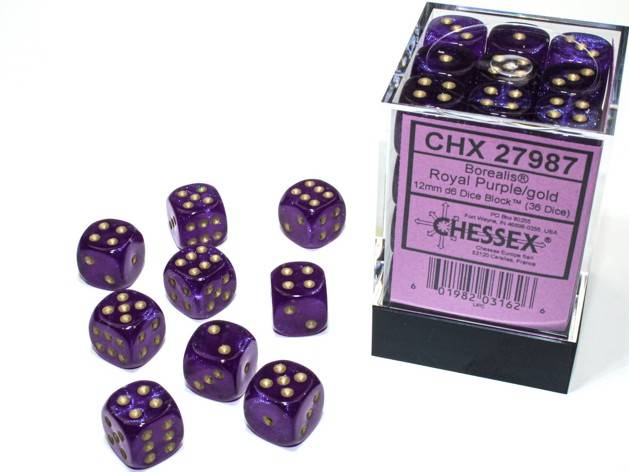 Sada 36 D6 12mm kostek Chessex -  Borealis Royal Purple/gold Luminary - 27987