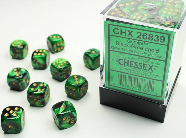 Sada 36 D6 12mm kostek Chessex -  Gemini Black-Green/gold - 26839