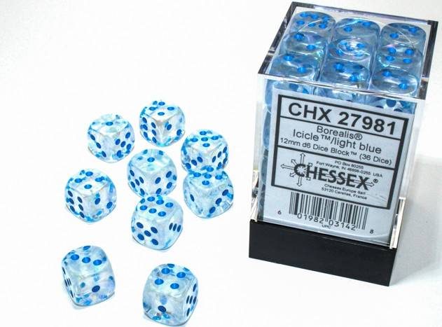 Sada 36 D6 12mm kostek Chessex -  Borealis Icicle/light blue Luminary - 27981