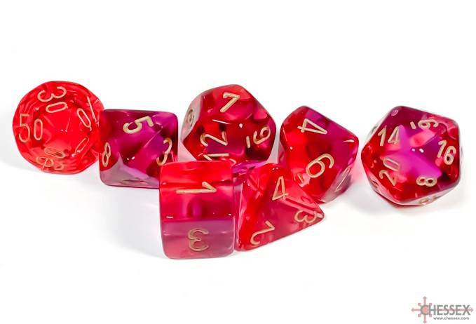 Sada 7 kostek Chessex - Gemini Translucent Red - Violet / gold- 26467