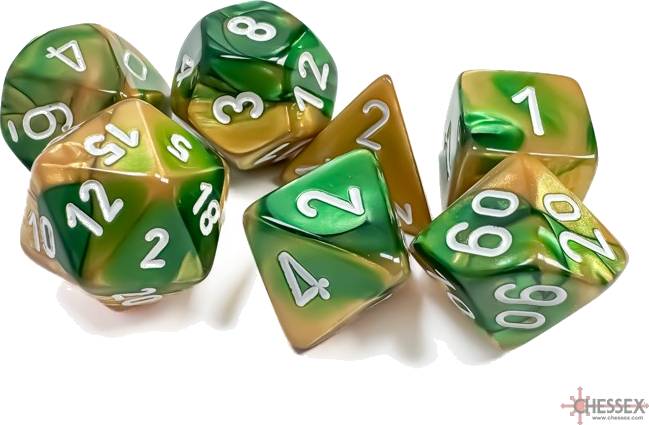 Sada 7 kostek Chessex - Gemini Gold- Green / white - 26425