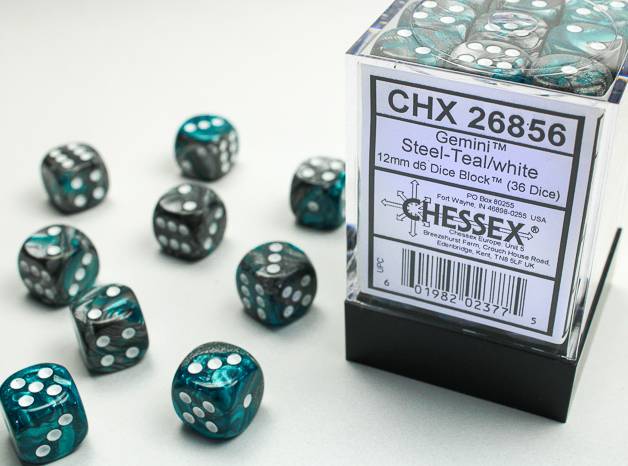 Sada 36 D6 12mm kostek Chessex - Gemini Steel-Teal/white  - 26856
