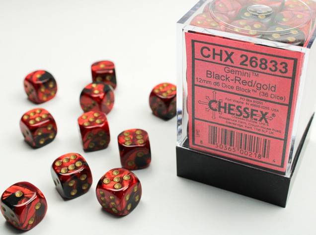 Sada 36 D6 12mm kostek Chessex - Gemini Black-Red/gold - 26833