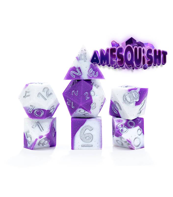 Sada 7 antistresových kostek - Amesquisht - fialovo-perleťová a stříbrná