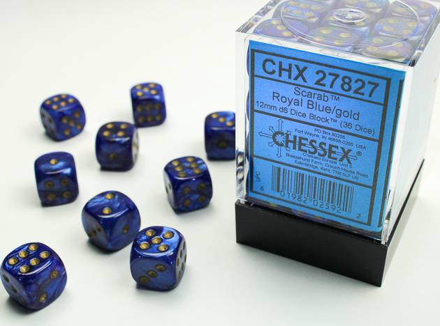 Sada 36 D6 12mm kostek Chessex - Scarab Royal Blue/gold  - 27827