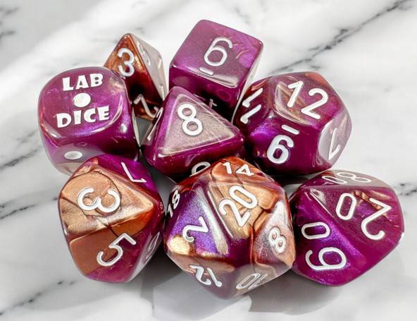Sada 8 kostek Chessex Lab Dice Gemini Copper-Purple / white - 30071