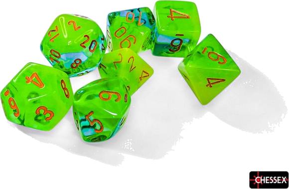 Sada 7 kostek Chessex - Gemini Plasma Green - Teal / orange- 26470