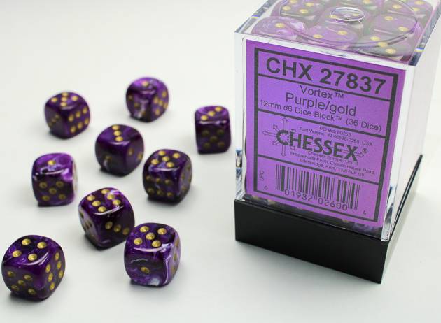 Sada 36 D6 12mm kostek Chessex - Vortex Purple/gold  - 27837