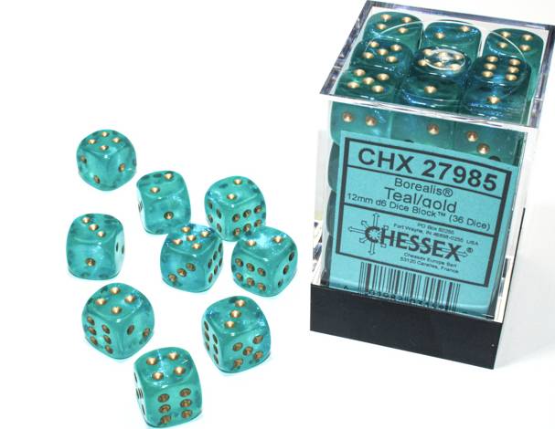 Sada 36 D6 12mm kostek Chessex - Borealis Teal/gold Luminary - 27985